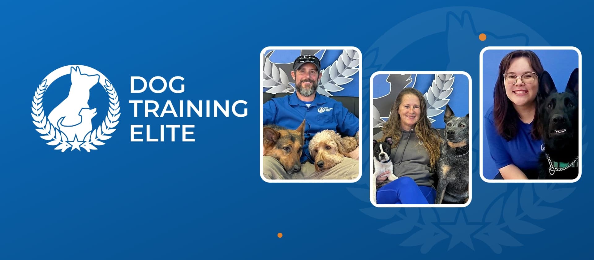 Dog Training Elite logo beside the Huntsville trainers JB, Christie and Paige with their dogs